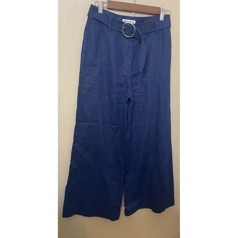 Reformation Ace Linen Pant Blue Women’s  Belted Wide Leg Pants SZ 4